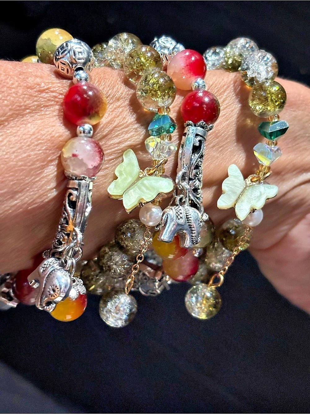 CARIBBEAN RED & SAGE GREEN GLASS BEADED BRACELETS W/SILVER BAR & BUTTERFLY CHAR
